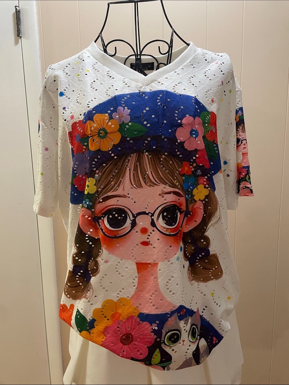 White Eyelet Tee with Colorful Cartoon Girl and Floral Print